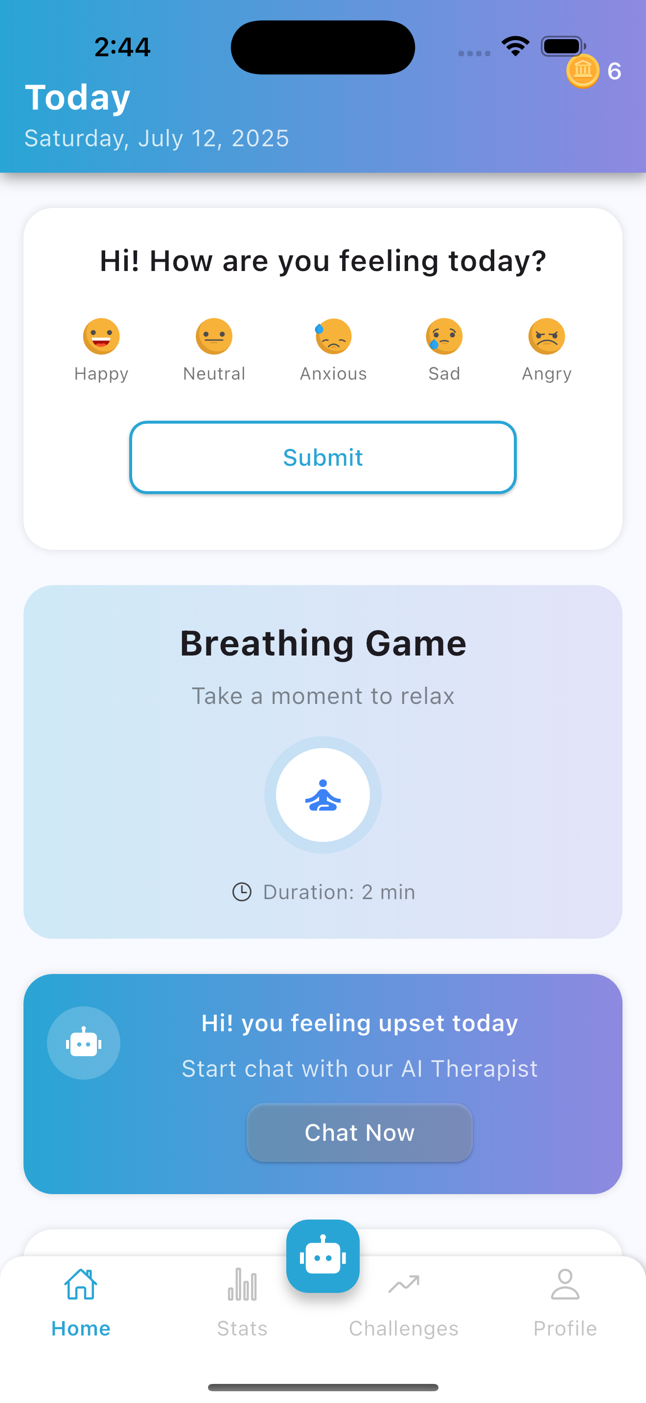 Tramood app interface showing mood tracking, breathing exercises, and AI therapist chat